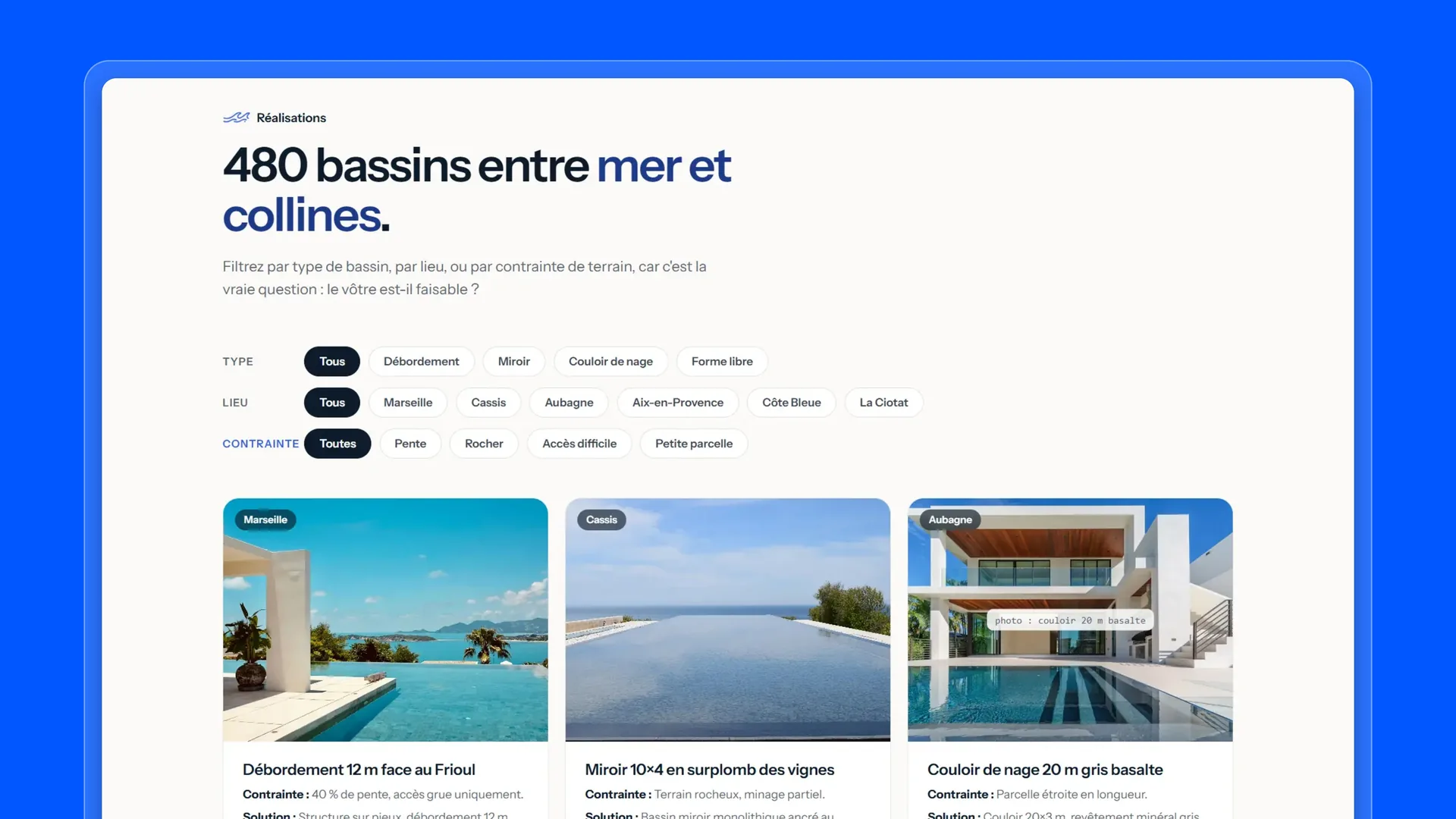 Calanque Piscines, constructeur de piscines en béton armé à Marseille (démo)